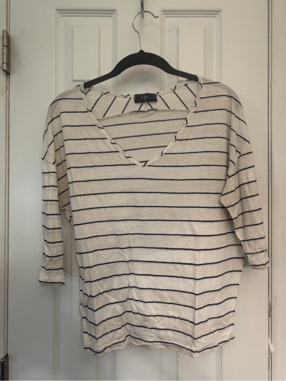 Aqua Cream and Black Striped V-Neck Top